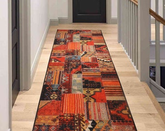 Red Patchwork Kilim Runner Rug: Custom Size, Natural Cotton Backing, 26" Wide and up to 50 Feet Long