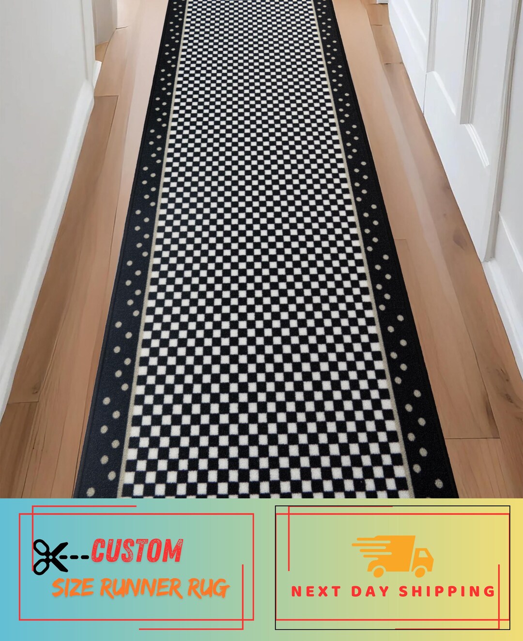 Custom Size Checkered Runner Rug: Black, White & Grey, Skid Resistant ...