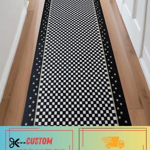 Custom Size Checkered Runner Rug: Black, White & Grey, Skid Resistant , 26" and 31.5" Wide , up to 50 Feet Long