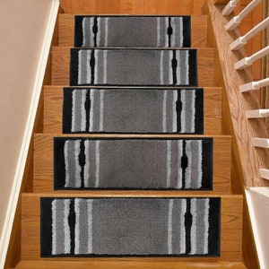 Machine Washable Custom Size Stair Treads Set of 13 and Runner Rug Dot Bordered Grey Skid Resistant Stair Tread Custom by Inch and 25&quot; Wide