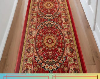 Machine Washable Medallion Runner Rug: Oriental Persian Style, Skid Resistant , 23", 26", 32" , 36" Wide, Up to 50 Ft Long
