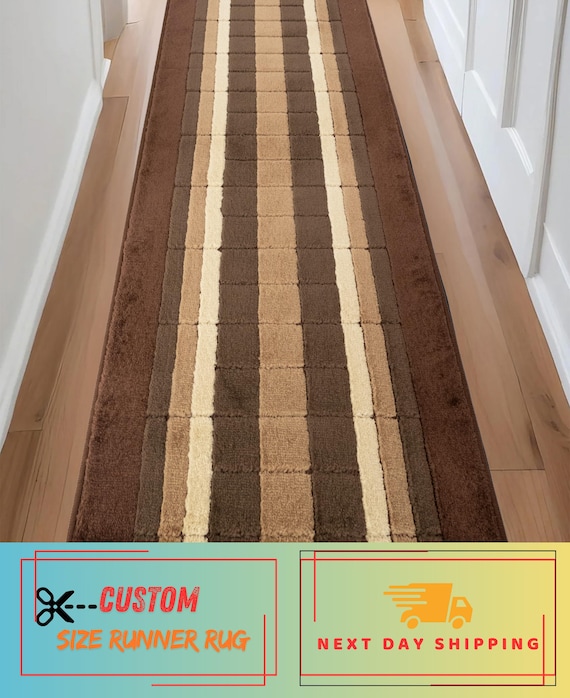 Custom Size Brown Geometric Runner Rug – Machine Washable, Slip Resistant, 26/32/36” Wide, Up to 50 Ft