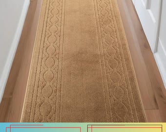 Machine Washable Beige Runner Rug: Trellis Border, Skid Resistant, Custom Size, 26"-31"-36" Width Options and Up to 50 Feet Long
