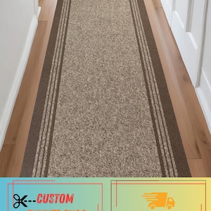 Custom Size Beige & Brown Bordered Runner Rug: Indoor/Outdoor, Non-Slip , 36" Wide and Up to 50 Feet Long