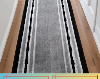Machine Washable Runner Rug: Grey & Black Dot Border, Skid Resistant - Custom Size , 26" Wide and Up to 50 feet Long