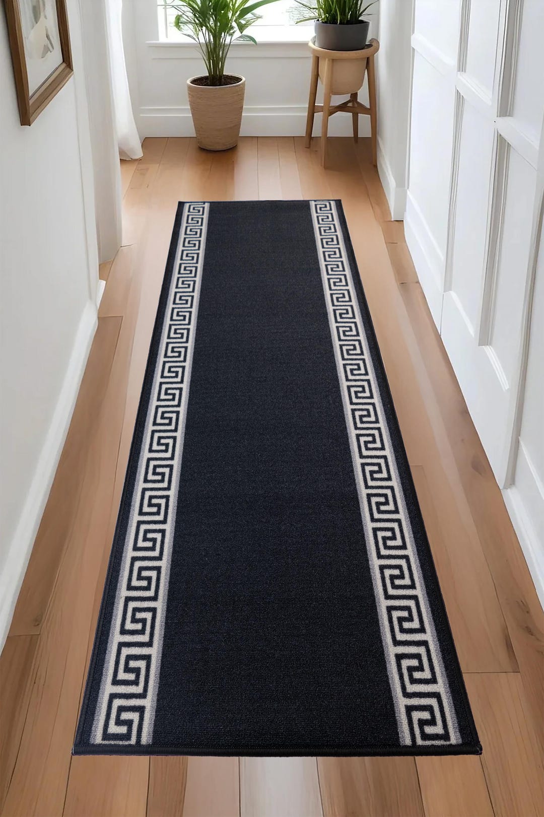 Custom Size Runner Rug: Black Greek Key Border, Non-slip, Machine ...