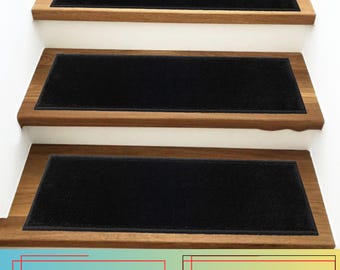 Black Stair Tread Set: Skid-Resistant, Machine Washable, Custom Size , 26"-31"-36" Width Options ( Set of 13 )