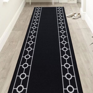 Custom Size Runner Rug Chain Border Black with White Border Skid Resistant Cut To Size Non Slip Runner Rug by Feet and 26&quot;, 31&quot; or 36&quot; Width