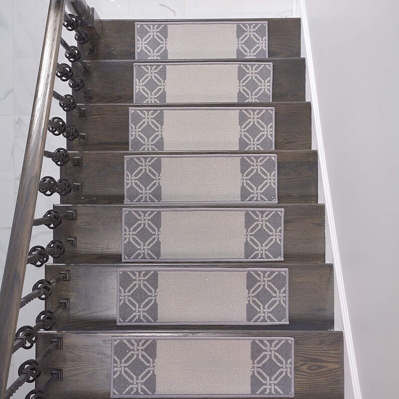 Machine Washable Stair Tread Trellis Lattice Bordered Grey Etsy