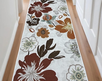 Machine Washable Floral Runner Rug: Cream Big Flower, Skid Resistant, Custom Size , 26 inches wide