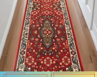Custom Size Medallion Runner Rug: Skid Resistant Red Oriental Style,  26", 32" , 36" Wide, Up to 50 Ft Long