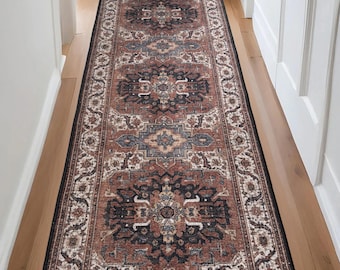 Custom Size Vintage Medallion Design Washable Runner Rug – Slip-Resistant,  26 - 36  inches Wide, Up to 50 Ft Long