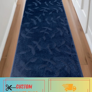 Navy Floral Scroll Runner Rug: Machine Washable, Skid Resistant, Custom Size , 26" Wide and Up to 50 Feet Long