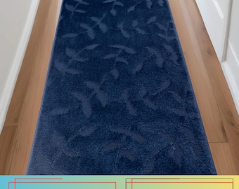 Navy Floral Scroll Runner Rug: Machine Washable, Skid Resistant, Custom Size , 26" Wide and Up to 50 Feet Long