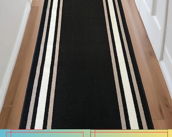 Machine Washable Black Runner Rug: Custom Length, Slip Resistant, 26" - 32" - 36" Width and Up to 50 Feet Length