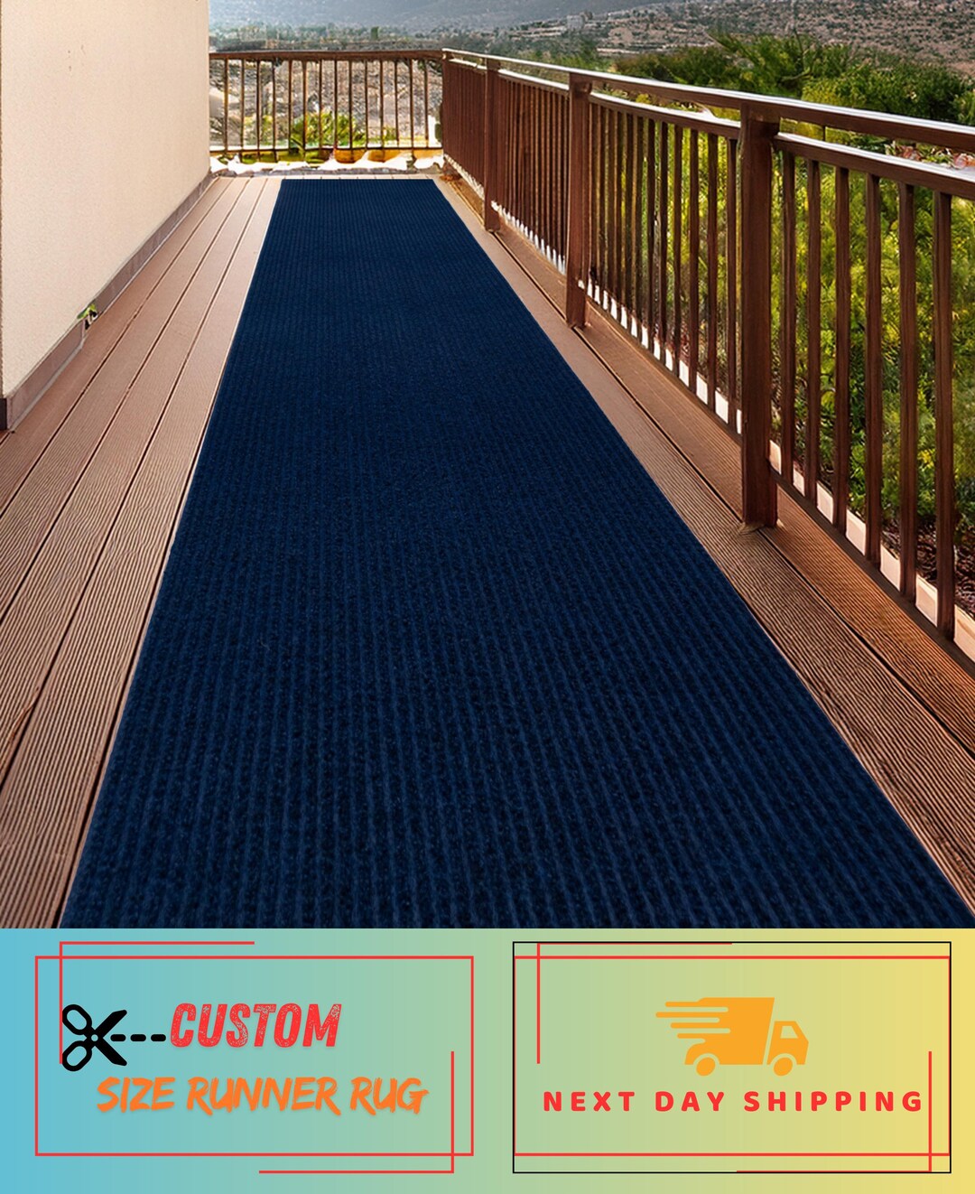 Custom Size Blue Runner Rug, Skid Resistant Indoor Outdoor, Cut & Bound ...
