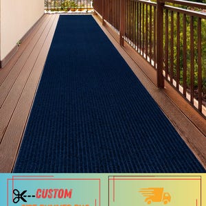 Custom Size Blue Runner Rug, Skid Resistant Indoor Outdoor, Cut & Bound in USA, 26”-36” Wide, Up to 50 Ft Long