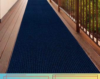 Custom Size Blue Runner Rug, Skid Resistant Indoor Outdoor, Cut & Bound in USA, 26”-36” Wide, Up to 50 Ft Long