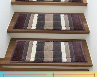 Custom Size Stair Treads 26" & 32" Wide, Washable Geometric Design, Non Slip Backing ( Set of 13 )