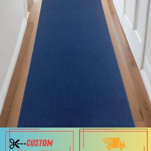 Machine Washable Blue Runner Rug: Custom Length, Slip Resistant,  26", 32" , 36" Wide, Up to 50 Ft Long
