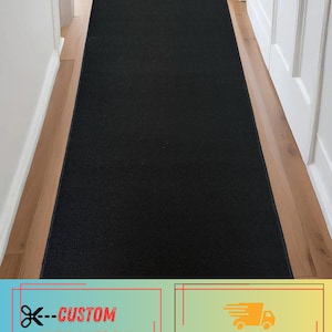 Custom Size Black Runner Rug: Skid Resistant, Machine Washable ,  26", 32" , 36" Wide, Up to 50 Ft Long