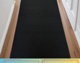 Custom Size Black Runner Rug: Skid Resistant, Machine Washable ,  26", 32" , 36" Wide, Up to 50 Ft Long