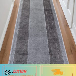 Customizable Grey Greek Key Runner Rug: Skid Resistant, Machine Washable  26", 32" , 36" Wide, Up to 50 Ft Long