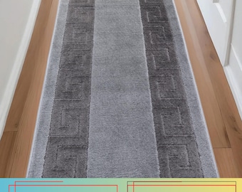 Customizable Grey Greek Key Runner Rug: Skid Resistant, Machine Washable  26", 32" , 36" Wide, Up to 50 Ft Long