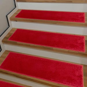 Machine Washable Custom Size Stair Tread Set of 13 and Runner Rug Solid Color Red Skid Resistant Stair Tread Custom by Inch and 26&quot; Width