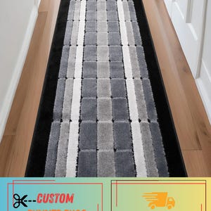 Machine Washable Geometric Runner Rug: Grey & Black, Custom Size, 26" - 32" - 36" Width and Up to 50 Feet Length bild 1