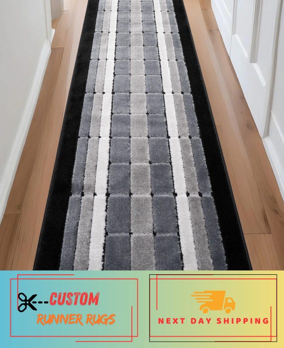 Machine Washable Geometric Runner Rug: Grey & Black, Custom Size, 26" - 32" - 36" Width and Up to 50 Feet Length
