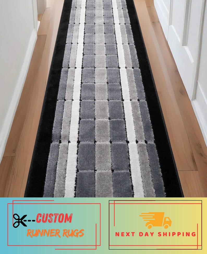 Machine Washable Geometric Runner Rug: Grey & Black, Custom Size, 26" - 32" - 36" Width and Up to 50 Feet Length bild 1