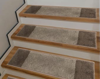 Gray Solid Border Stair Treads: Skid Resistant, Custom Size (Set of 13)