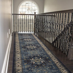 Custom Size Runner Rug Persian Medallion Navy Blue Natural Cotton Backing Hotel Quality Pick Your Own Size By Up to 50 Ft, Width 26&quot; or 35&quot;