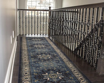 Custom Size Runner Rug Persian Medallion Navy Blue Natural Cotton Backing Hotel Quality Pick Your Own Size By Up to 50 Ft, Width 26" or 35"