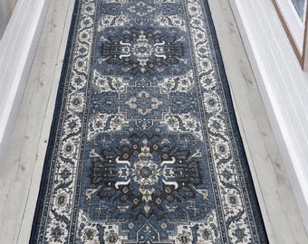 Custom Size Vintage Medallion Design Washable Runner Rug – Slip-Resistant,  26 - 36  inches Wide, Up to 50 Ft Long