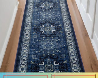 Custom Size Navy Blue Persian Runner Rug: Vintage Medallion, Hotel Quality , 26 inches- 35 inches Wide  and up to 50 Feet Long