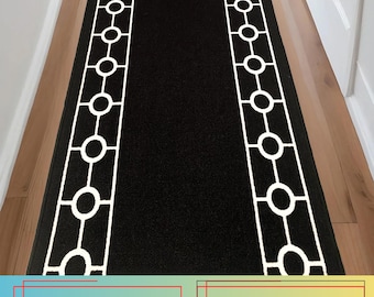 Custom Size Black Runner Rug: Chain Border, Skid Resistant,  26", 32" , 36" Wide, Up to 50 Ft Long