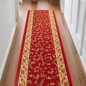 Machine Washable Custom Size Runner Rug Veronica Floral Red Skid Resistant Runner Rugs Customize By Feet and 26&quot; , 31.5&quot; or 36&quot; Width Option