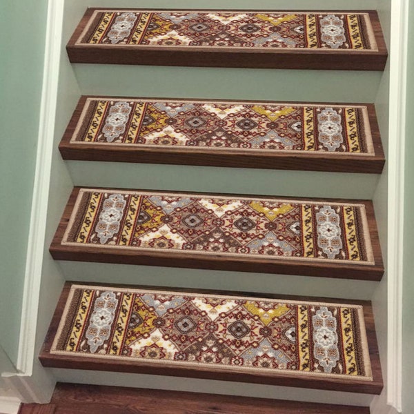 Machine Washable Custom Size Stair Treads By Inch Oriental Bakhtiari Slip Resistant Stair Tread and Matching Runner 26", 31.5" or 36" Width