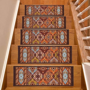 Machine Washable Stair Tread Oriental Bakhtiari Multi Color Skid Resistant Carpet Stair Treads Size 8.5" x 26" or 9" x 36" Many Set Options