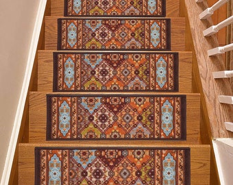 Machine Washable Stair Tread Oriental Bakhtiari Multi Color Skid Resistant Carpet Stair Treads Size 8.5" x 26" or 9" x 36" Many Set Options