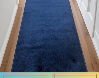 Machine Washable Navy Blue Runner Rug: Skid Resistant, Custom Size Up to 50 Feet