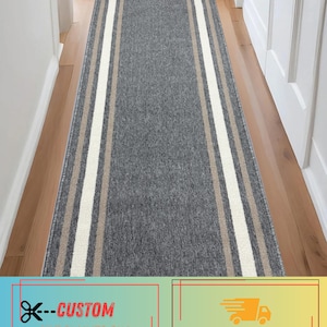 Machine Washable Grey Runner Rug: Solid Border, Slip Resistant, Custom Size, 26" - 32" - 36" Width and Up to 50 Feet Length