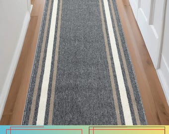Machine Washable Grey Runner Rug: Solid Border, Slip Resistant, Custom Size, 26" - 32" - 36" Width and Up to 50 Feet Length