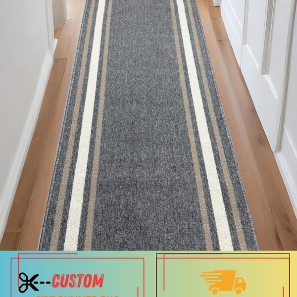 Machine Washable Grey Runner Rug: Solid Border, Slip Resistant, Custom Size, 26" - 32" - 36" Width and Up to 50 Feet Length