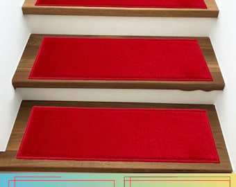 Red Stair Tread Set: Custom Size, Skid Resistant, Machine Washable , 26" Width ( Set of 13 )