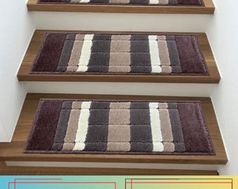 Custom Size Stair Treads 26" & 32" Wide, Washable Geometric Design, Non Slip Backing