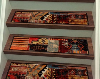 Custom Stair Tread Patchwork Kilim Design Natural Cotton Backing Customize By Inches and 26" Width Set of 13