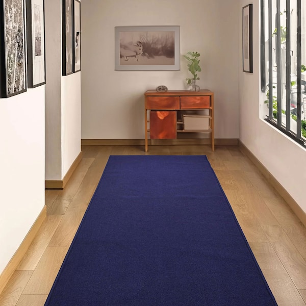 Machine Washable Custom Size Runner Rug Solid Navy Blue Slip Resistant Runner Rugs Customize By Feet and 22", 26", 31" or 36" Width Option
